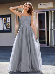Robe de Soirée de A-ligne en Tulle à Col Carré Longueur au Sol Gris Acier