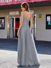 Robe de Soirée de A-ligne en Tulle à Col Carré Longueur au Sol Gris Acier Grande Taille