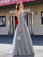 Robe de Soirée de A-ligne en Tulle à Col Carré Longueur au Sol Gris Acier Grande Taille