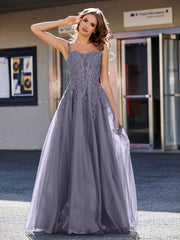 Robe de Soirée de A-ligne en Tulle à Col Carré Longueur au Sol Orageux Grande Taille