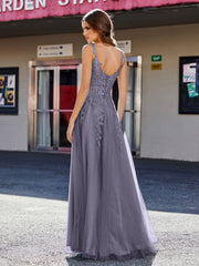 Robe de Soirée de A-ligne en Tulle à Col Carré Longueur au Sol Orageux Grande Taille