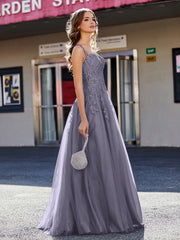 Robe de Soirée de A-ligne en Tulle à Col Carré Longueur au Sol Orageux Grande Taille