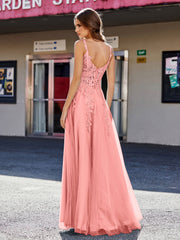 Robe de Soirée de A-ligne en Tulle à Col Carré Longueur au Sol Sunset Grande Taille