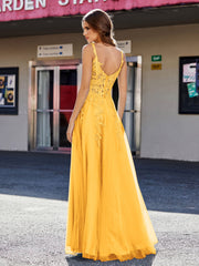 Robe de Soirée de A-ligne en Tulle à Col Carré Longueur au Sol Mandarine