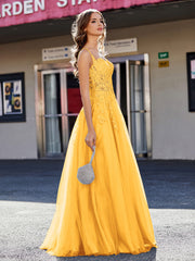 Robe de Soirée de A-ligne en Tulle à Col Carré Longueur au Sol Mandarine