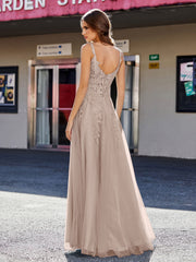 Robe de Soirée de A-ligne en Tulle à Col Carré Longueur au Sol Taupe