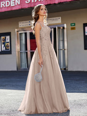 Robe de Soirée de A-ligne en Tulle à Col Carré Longueur au Sol Taupe