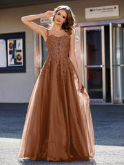 Robe de Soirée de A-ligne en Tulle à Col Carré Longueur au Sol Terracotta Grande Taille