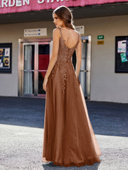 Robe de Soirée de A-ligne en Tulle à Col Carré Longueur au Sol Terracotta Grande Taille