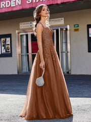 Robe de Soirée de A-ligne en Tulle à Col Carré Longueur au Sol Terracotta