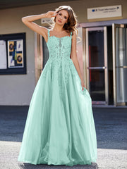 Robe de Soirée de A-ligne en Tulle à Col Carré Longueur au Sol Turquoise Grande Taille