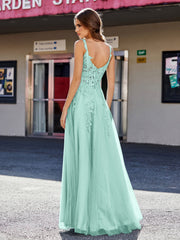 Robe de Soirée de A-ligne en Tulle à Col Carré Longueur au Sol Turquoise Grande Taille