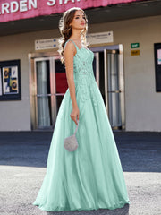 Robe de Soirée de A-ligne en Tulle à Col Carré Longueur au Sol Turquoise Grande Taille