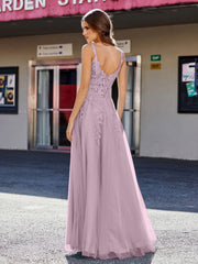 Robe de Soirée de A-ligne en Tulle à Col Carré Longueur au Sol Vintage Mauve Grande Taille