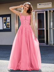 Robe de Soirée de A-ligne en Tulle à Col Carré Longueur au Sol Pastèque Grande Taille