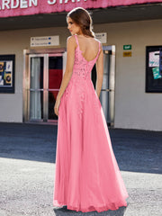 Robe de Soirée de A-ligne en Tulle à Col Carré Longueur au Sol Pastèque