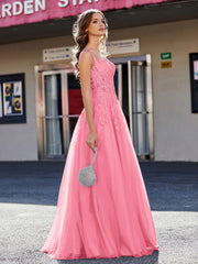 Robe de Soirée de A-ligne en Tulle à Col Carré Longueur au Sol Pastèque Grande Taille