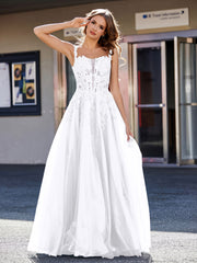 Robe de Soirée de A-ligne en Tulle à Col Carré Longueur au Sol Blanc Grande Taille