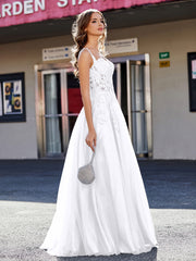Robe de Soirée de A-ligne en Tulle à Col Carré Longueur au Sol Blanc Grande Taille
