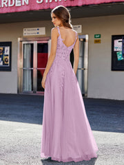 Robe de Soirée de A-ligne en Tulle à Col Carré Longueur au Sol Glycine
