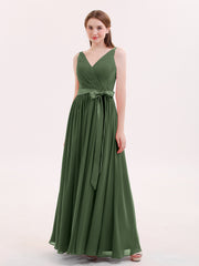Col en V Mousseline Robe Demoiselle d'honneur avec Satin Ceinture Nœud Olive Verte Grande Taille