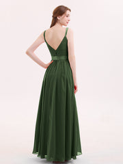 Col en V Mousseline Robe Demoiselle d'honneur avec Satin Ceinture Nœud Olive Verte Grande Taille