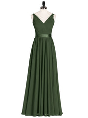 Col en V Mousseline Robe Demoiselle d'honneur avec Satin Ceinture Nœud Olive Verte Grande Taille