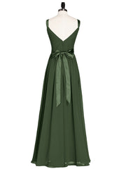 Col en V Mousseline Robe Demoiselle d'honneur avec Satin Ceinture Nœud Olive Verte Grande Taille