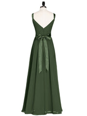 Col en V Mousseline Robe Demoiselle d'honneur avec Satin Ceinture Nœud Olive Verte
