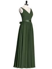 Col en V Mousseline Robe Demoiselle d'honneur avec Satin Ceinture Nœud Olive Verte Grande Taille