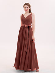 Col en V Mousseline Robe Demoiselle d'honneur avec Satin Ceinture Nœud terracotta