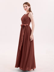 Col en V Mousseline Robe Demoiselle d'honneur avec Satin Ceinture Nœud terracotta Grande Taille
