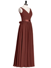 Col en V Mousseline Robe Demoiselle d'honneur avec Satin Ceinture Nœud terracotta Grande Taille