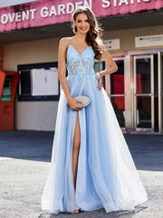 Robe de Soirée en Tulle à Bretelles Spaghetti et Col en V Bleu Ciel Grande Taille