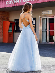 Robe de Soirée en Tulle à Bretelles Spaghetti et Col en V Bleu Ciel Grande Taille