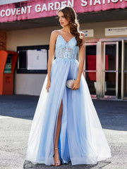 Robe de Soirée en Tulle à Bretelles Spaghetti et Col en V Bleu Ciel