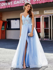 Robe de Soirée en Tulle à Bretelles Spaghetti et Col en V Bleu Ciel