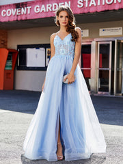 Robe de Soirée en Tulle à Bretelles Spaghetti et Col en V Bleu Ciel