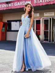 Robe de Soirée en Tulle à Bretelles Spaghetti et Col en V Bleu Ciel