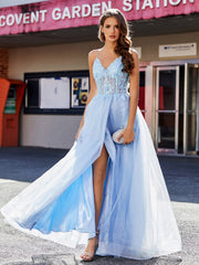 Robe de Soirée en Tulle à Bretelles Spaghetti et Col en V Bleu Ciel