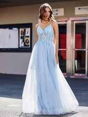 Robe de Soirée en Tulle à Bretelles Spaghetti et Col en V Bleu Ciel