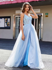 Robe de Soirée en Tulle à Bretelles Spaghetti et Col en V Bleu Ciel