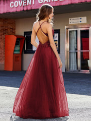 Robe de Soirée en Tulle à Bretelles Spaghetti et Col en V Bordeaux Grande Taille