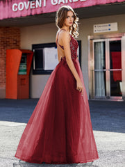 Robe de Soirée en Tulle à Bretelles Spaghetti et Col en V Bordeaux