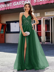 Robe de Soirée en Tulle à Bretelles Spaghetti et Col en V Vert Foncé Grande Taille