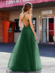Robe de Soirée en Tulle à Bretelles Spaghetti et Col en V Vert Foncé Grande Taille