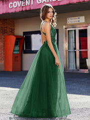 Robe de Soirée en Tulle à Bretelles Spaghetti et Col en V Vert Foncé Grande Taille