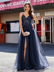 Robe de Soirée en Tulle à Bretelles Spaghetti et Col en V Bleu Marine