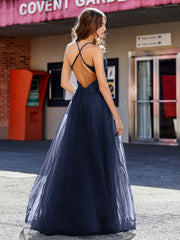 Robe de Soirée en Tulle à Bretelles Spaghetti et Col en V Bleu Marine Grande Taille