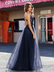 Robe de Soirée en Tulle à Bretelles Spaghetti et Col en V Bleu Marine